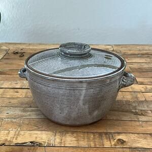Studio Pottery Lidded Casserole Dish 8.5" w/ Handles Rustic Speckled Gray Glaze